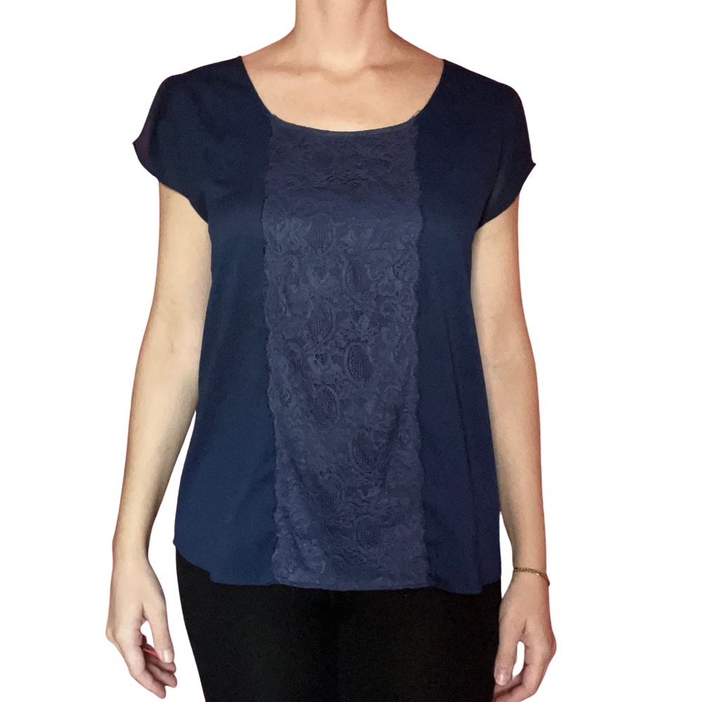 Cynthia Rowley Sleeveless Navy Lace Front Blouse Top